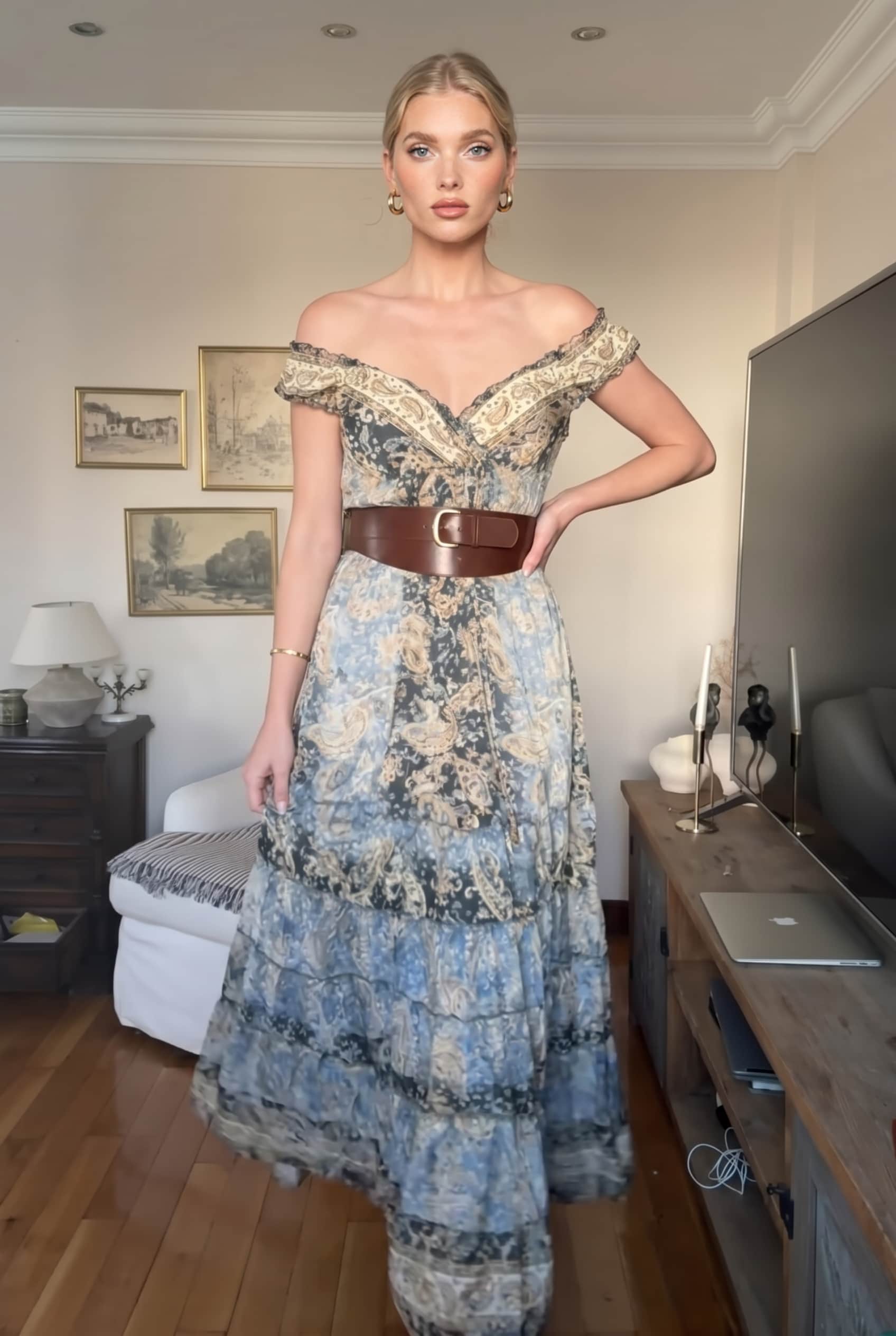 Deep V-Neck Printed High-Waist Maxi Dress