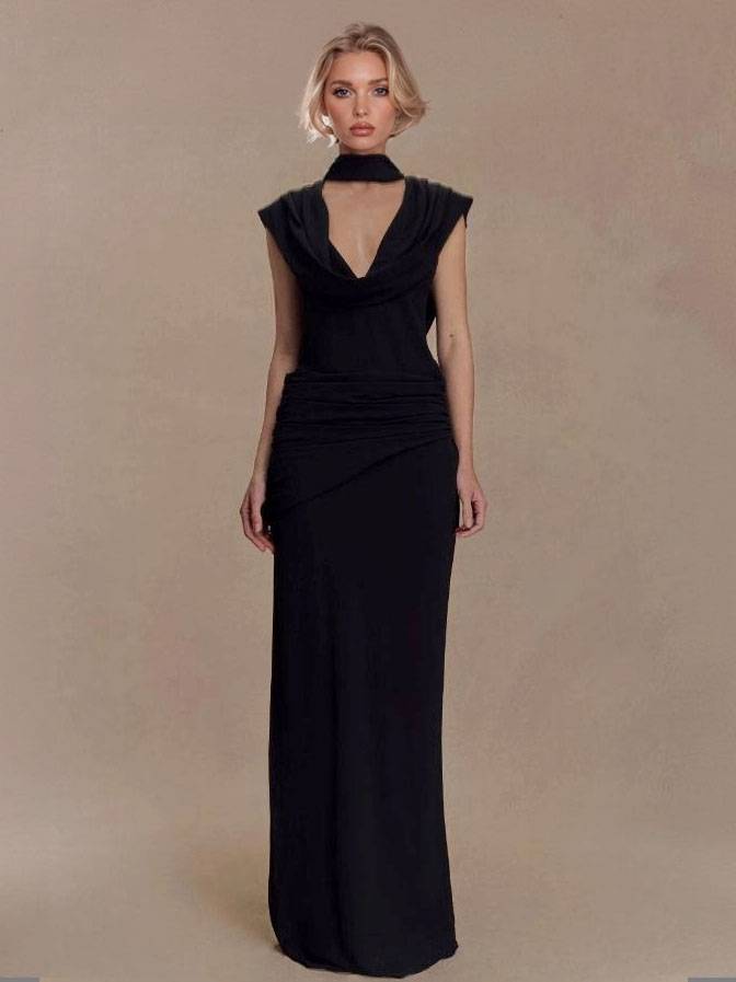 Swing Collar Scarf Pleated Maxi Dress