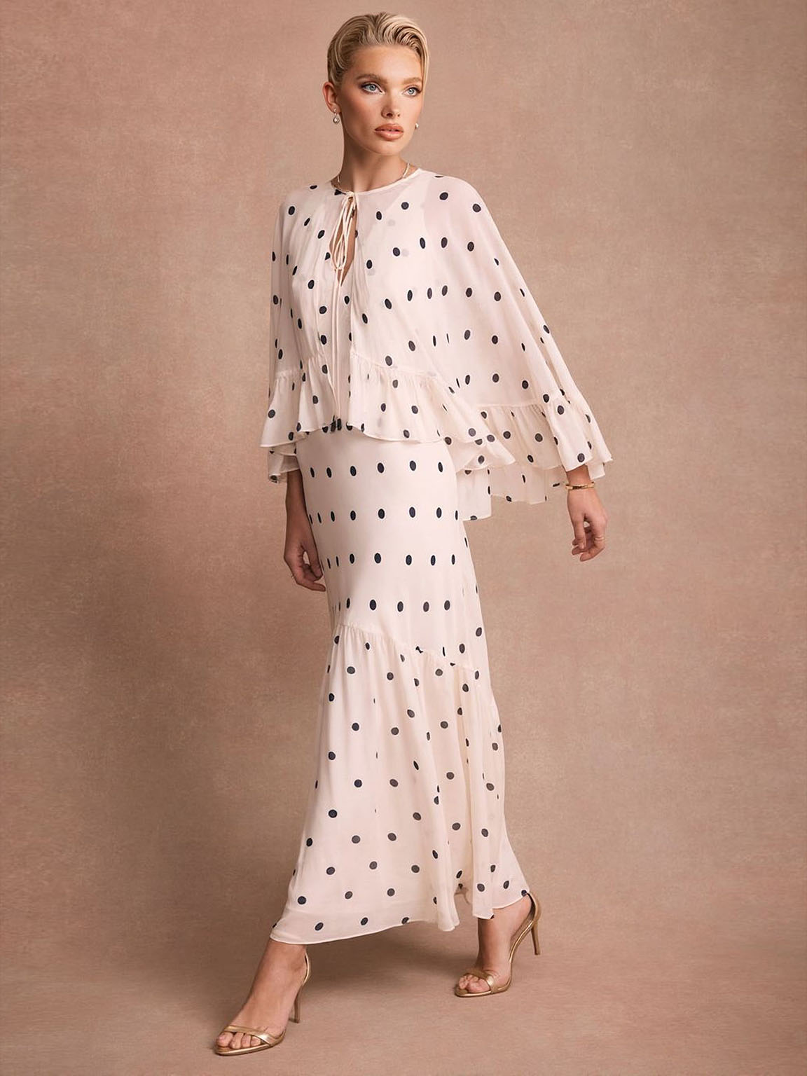 Elegant Polka Dot Ruffle Layered Chiffon Cape Maxi Dress