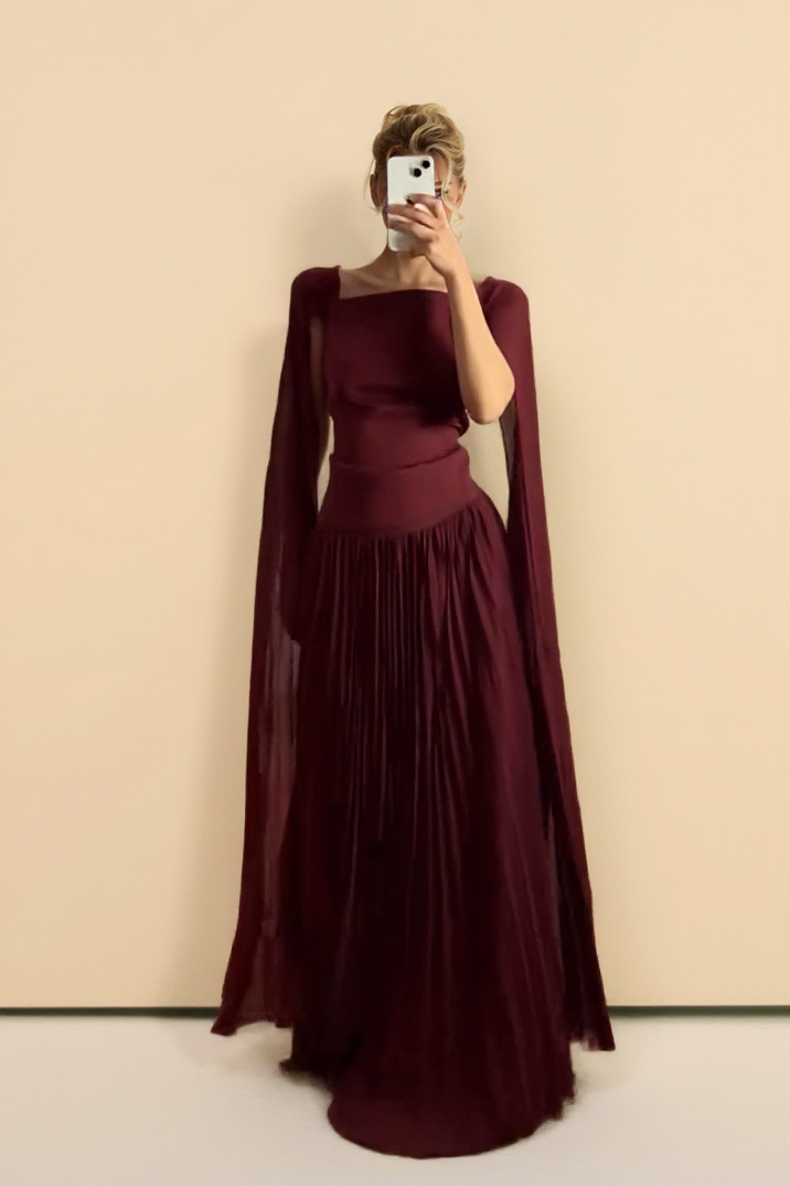 Shawl Sleeve Pleated Maxi Dress