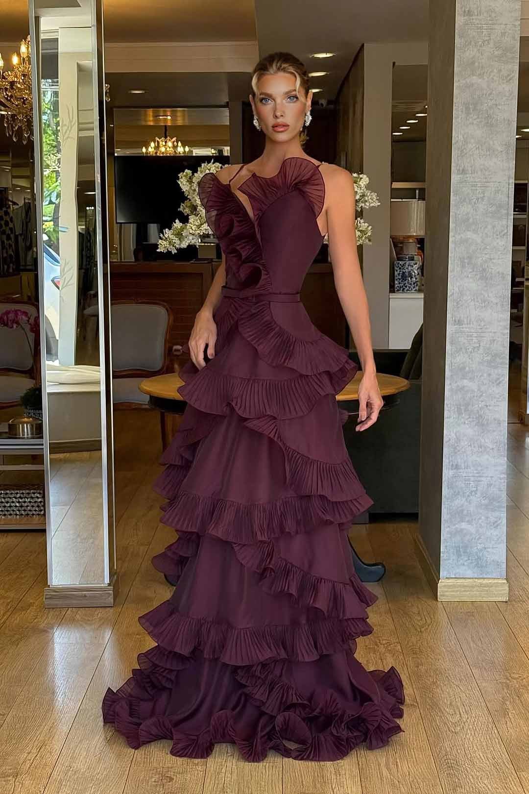 Ruffled Design Strap Maxi Dress