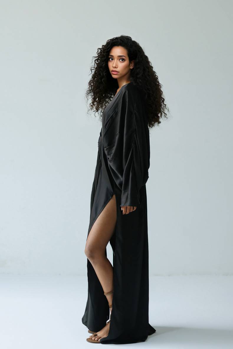 V-Neck Pleated Loose Maxi Dress