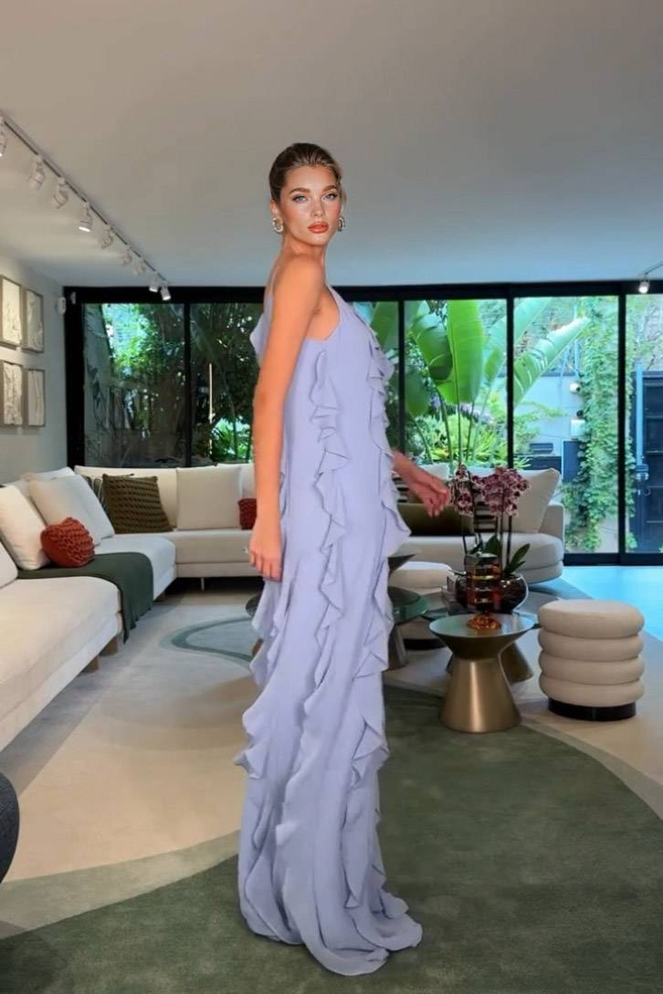 Slant Shoulder Ruffled Maxi Dress