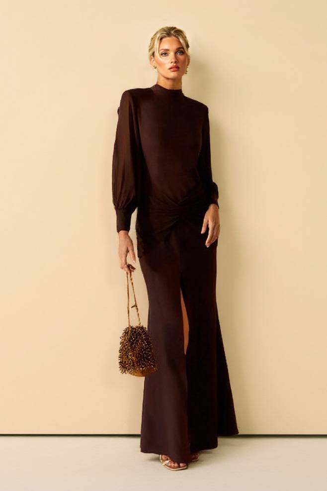 Pleated Front-Slit Fishtail Maxi Dress