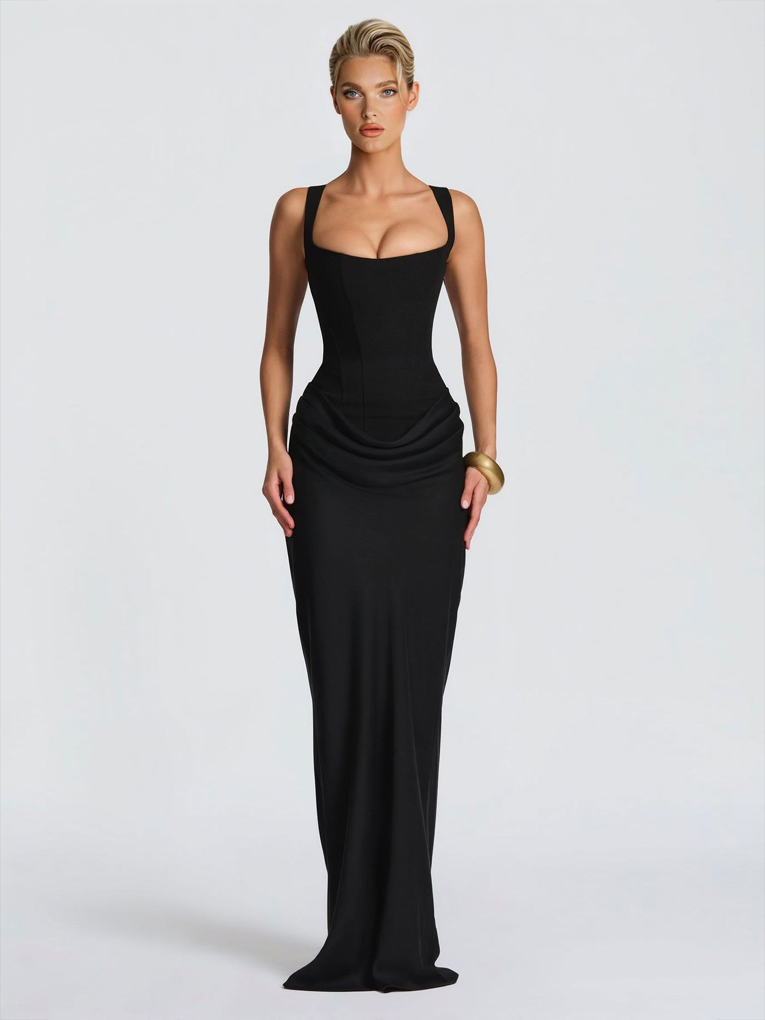 Elegant Square Neck Cinched Top & Ruched Waist Draped Maxi Dress