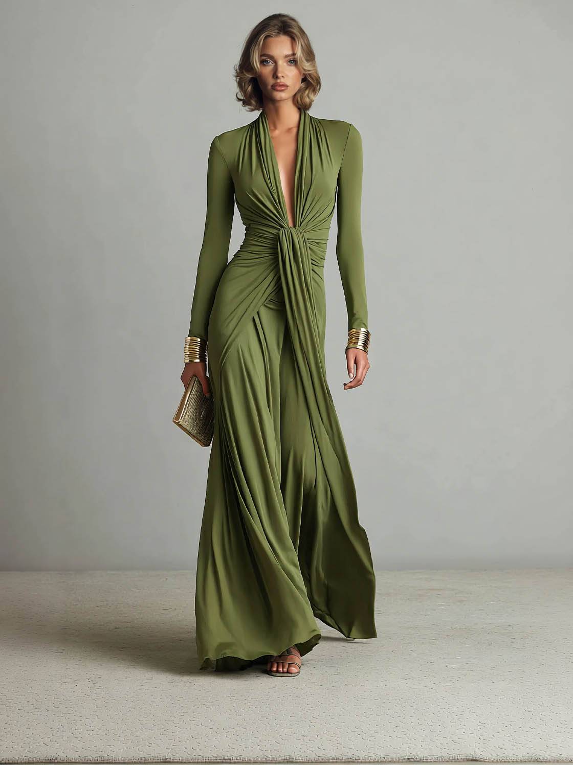 V-Neck Pleated Long Sleeve Dress