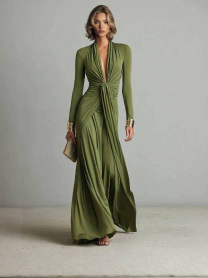 V-Neck Pleated Long Sleeve Dress