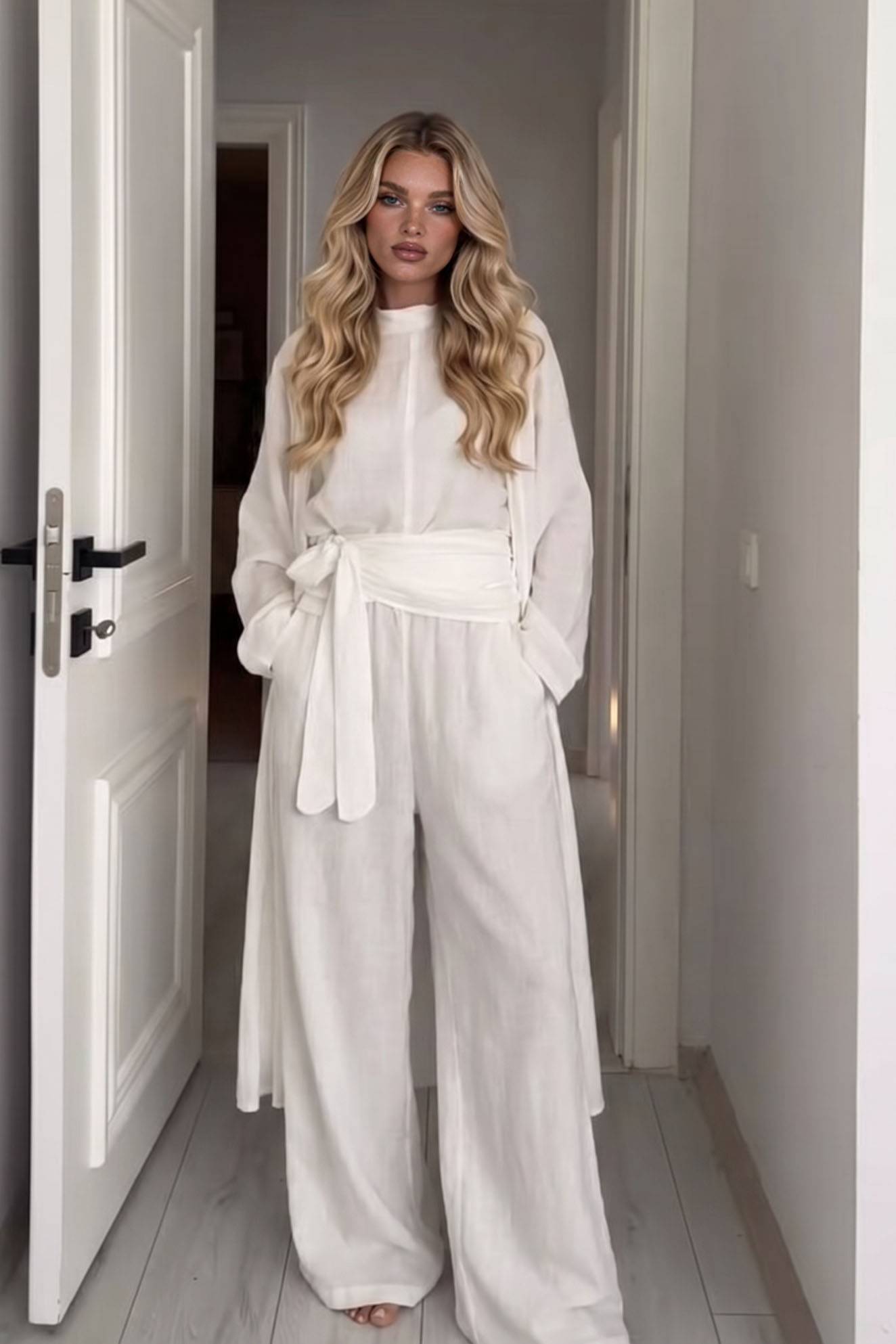 Slit Shirt And Wide Leg Pants Set