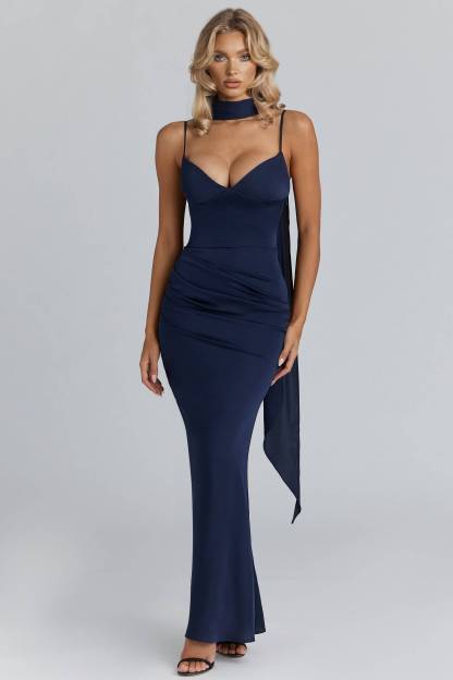 Pleated Design Scarf Sling Maxi Dress