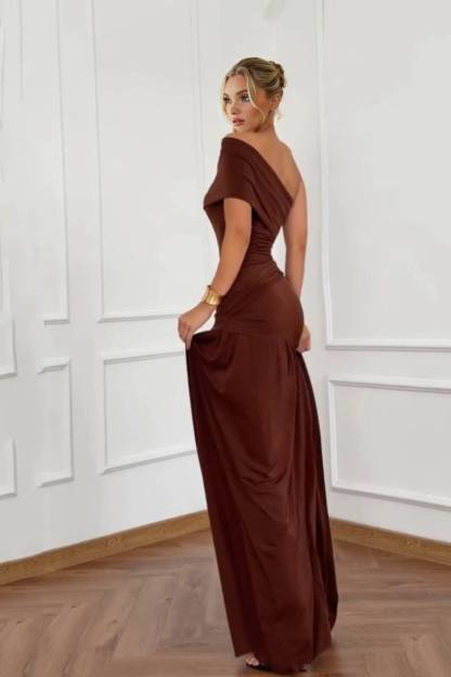 Slant-Shoulder Pleated Slit Maxi Dress