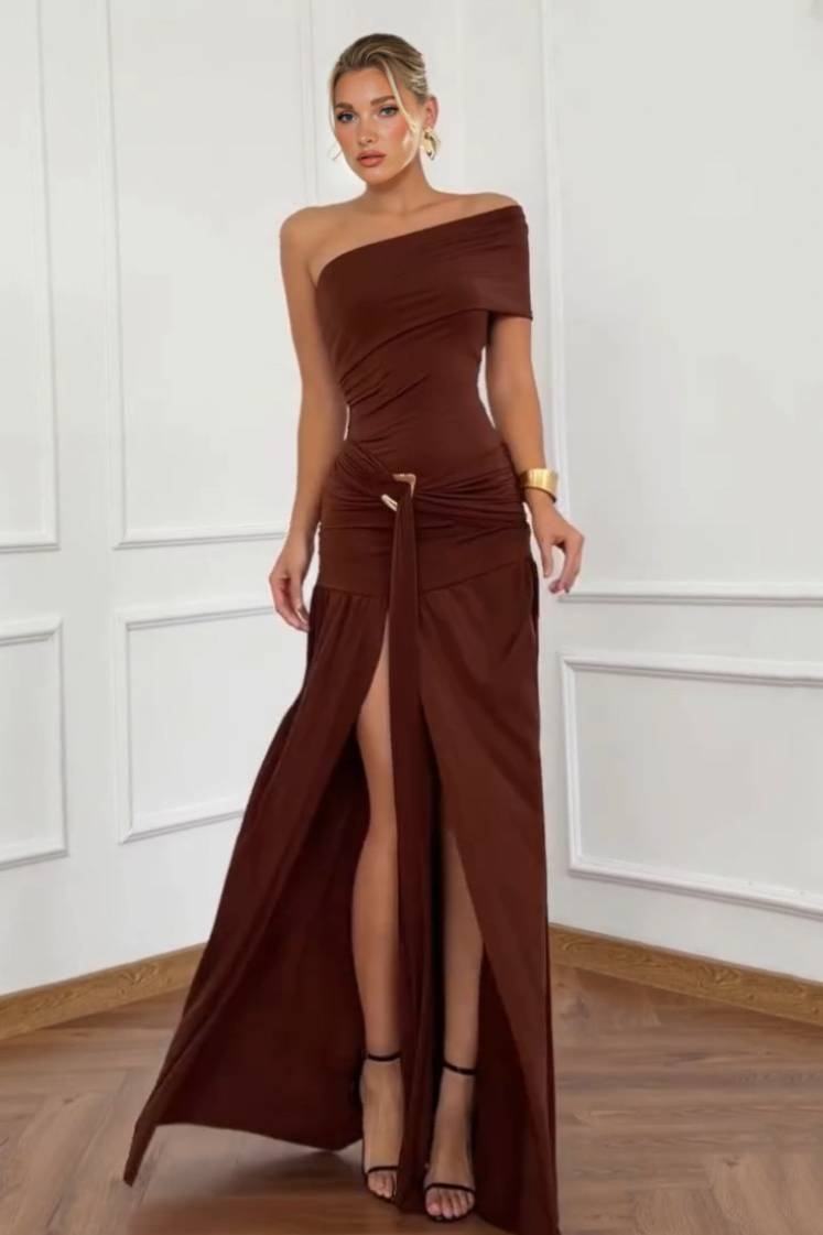 Slant-Shoulder Pleated Slit Maxi Dress