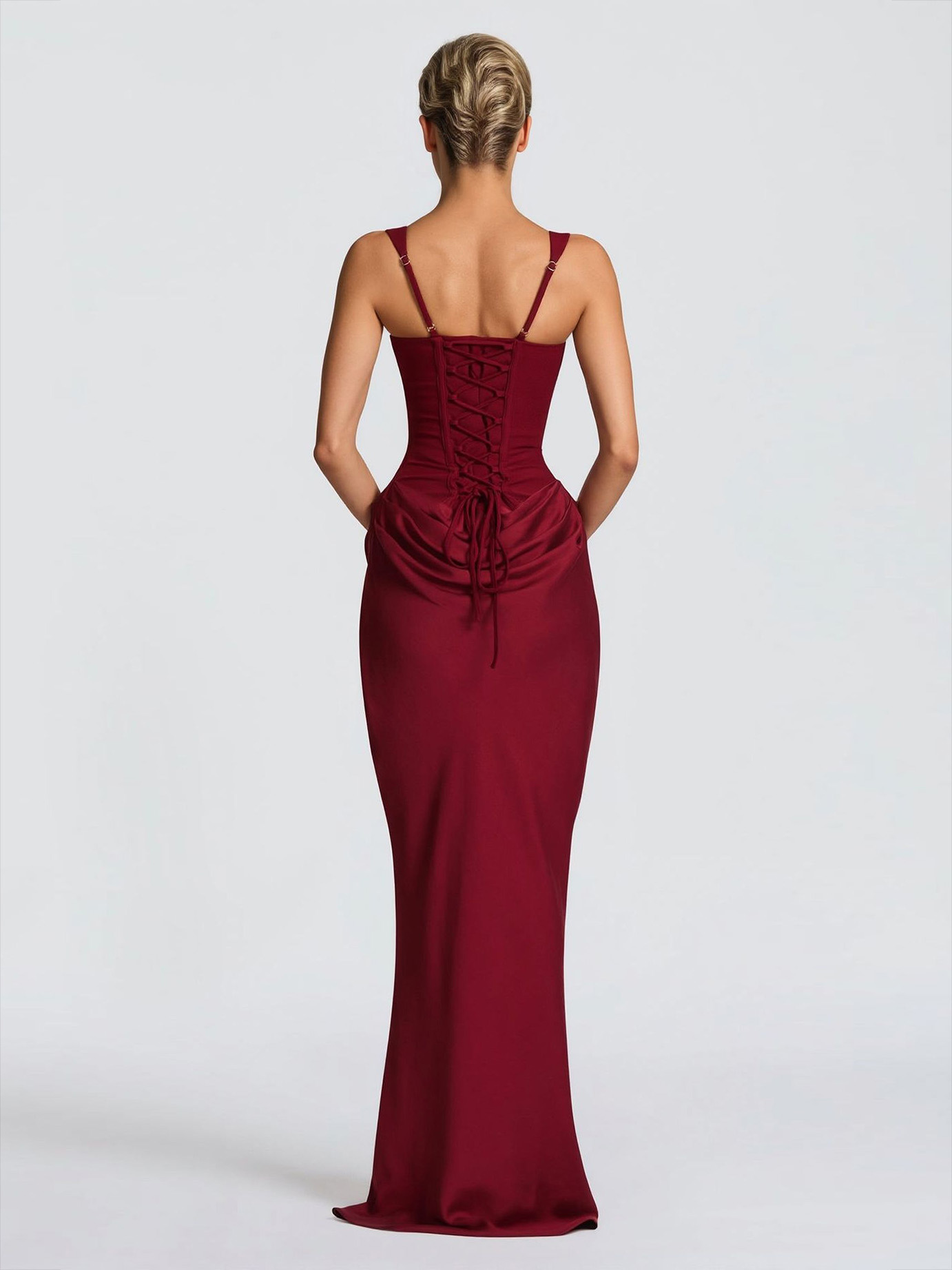 Elegant Square Neck Cinched Top & Ruched Waist Draped Maxi Dress