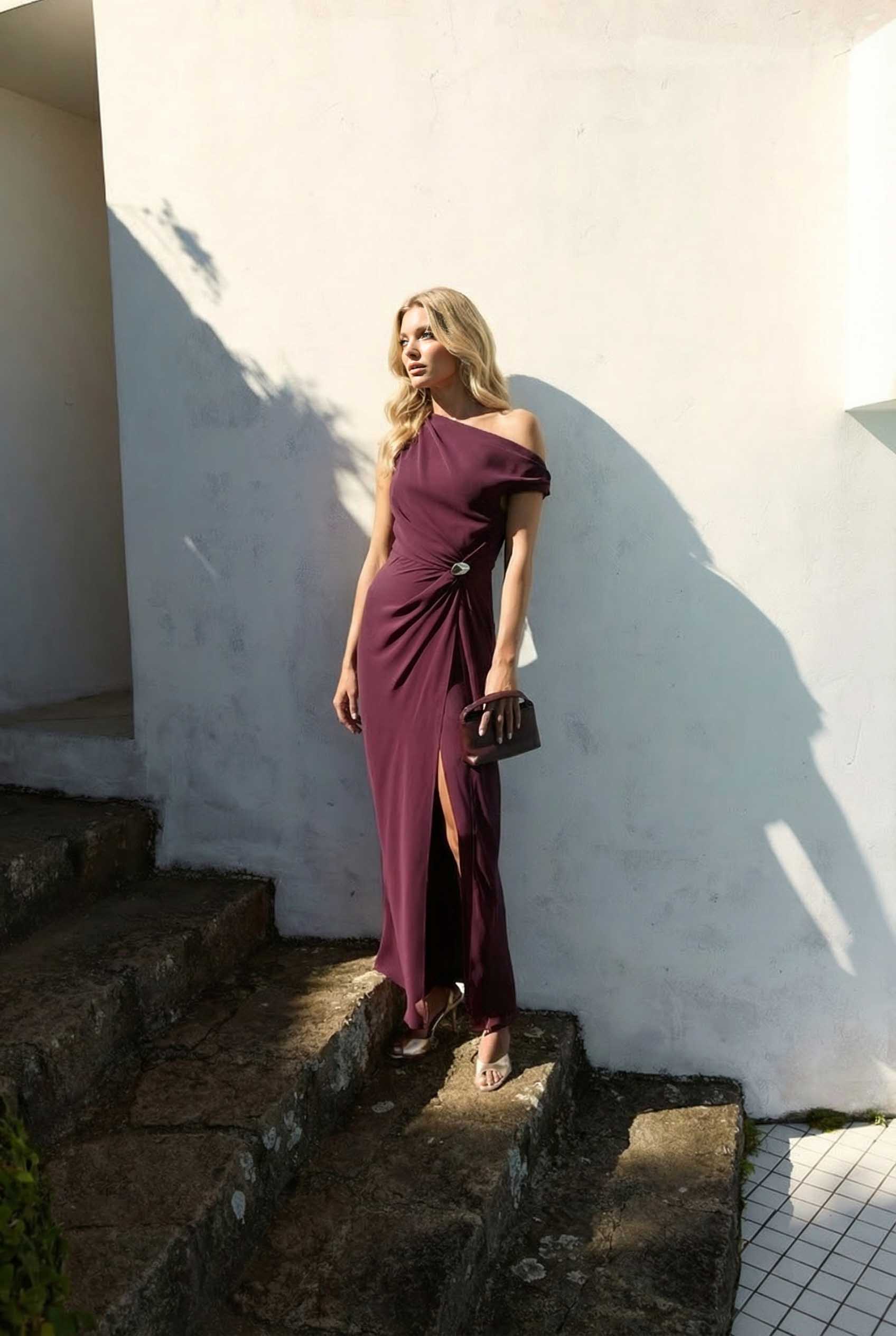 Off-shoulder Pleated Maxi Dress