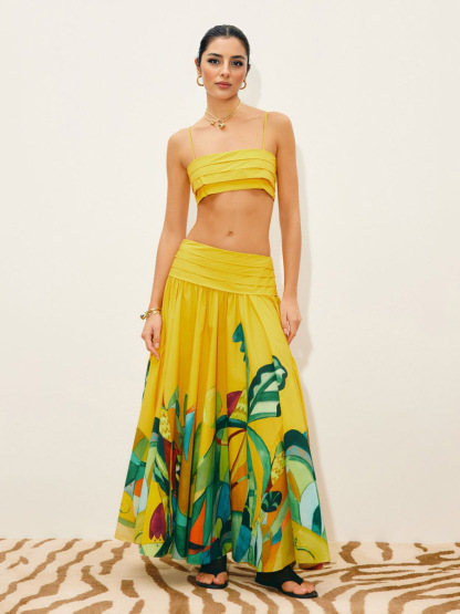 Elegant Strapless Top & Printed Maxi Skirt Two-Piece Set