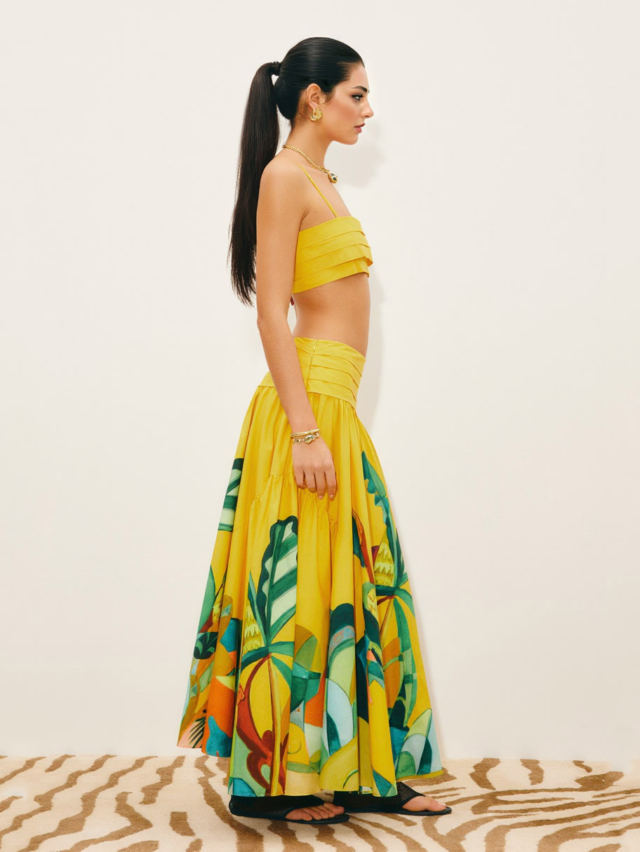Elegant Strapless Top & Printed Maxi Skirt Two-Piece Set