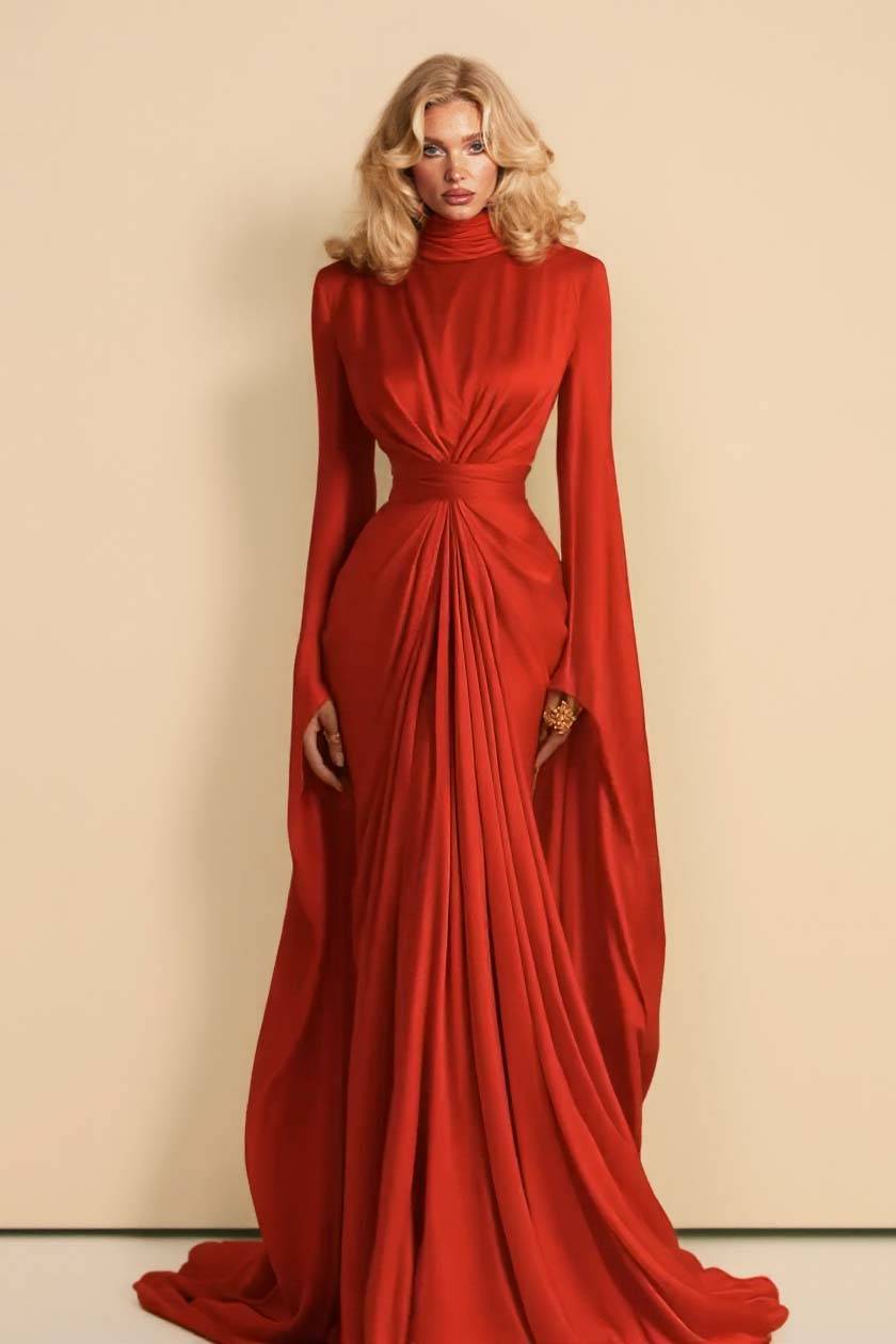 Pleated Design Waist-cinching Maxi Dress