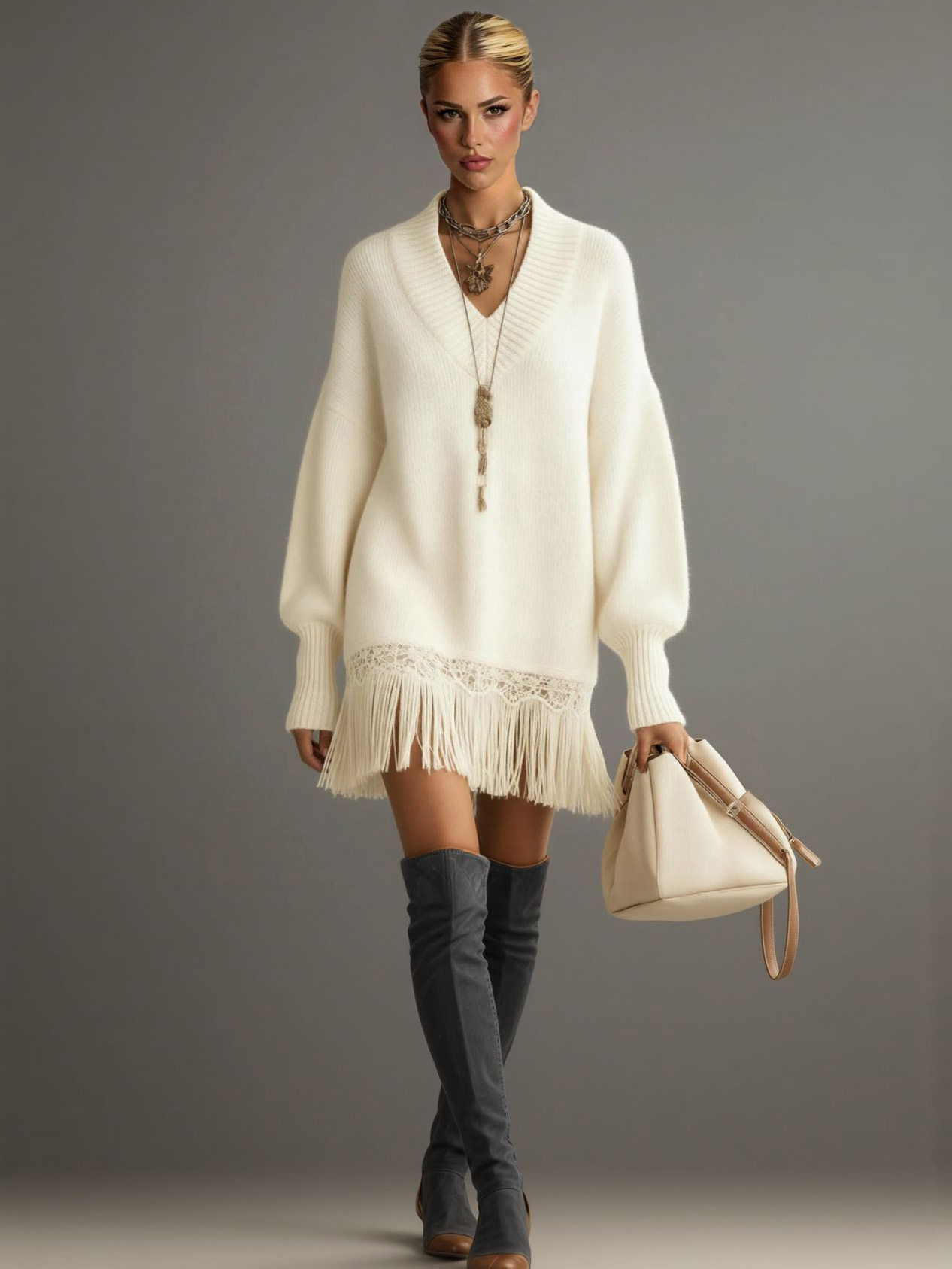 Casual Tassel V-Neck Sweater Dress
