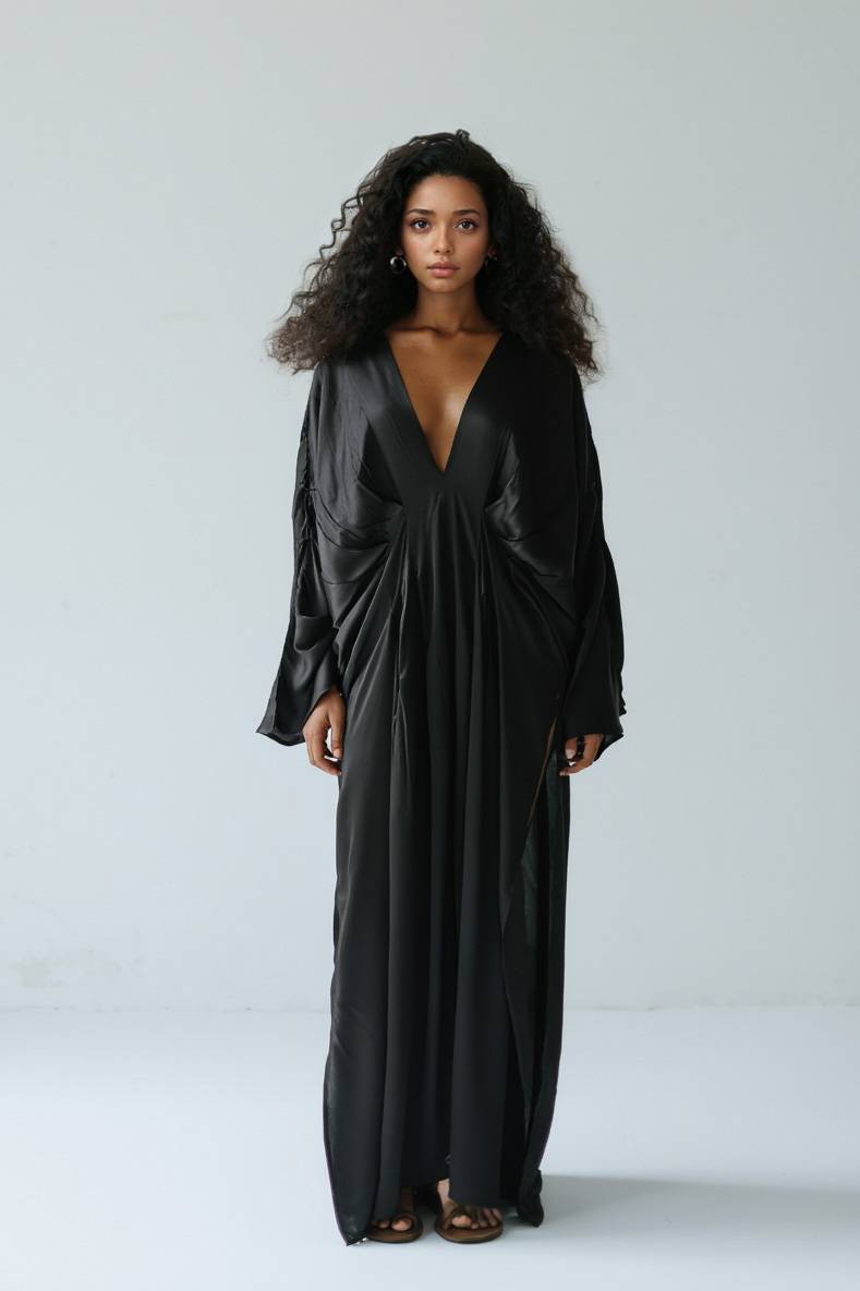 V-Neck Pleated Loose Maxi Dress