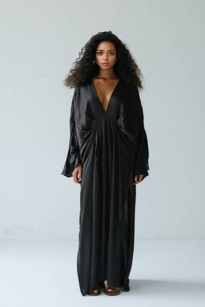 V-Neck Pleated Loose Maxi Dress