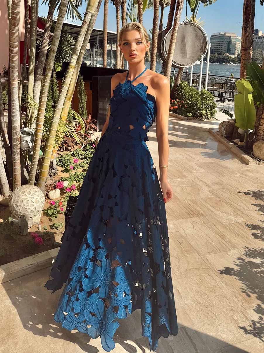 Conjunto de dos piezas: Top corto de tirantes de encaje exquisito y falda maxi de línea A de cintura alta