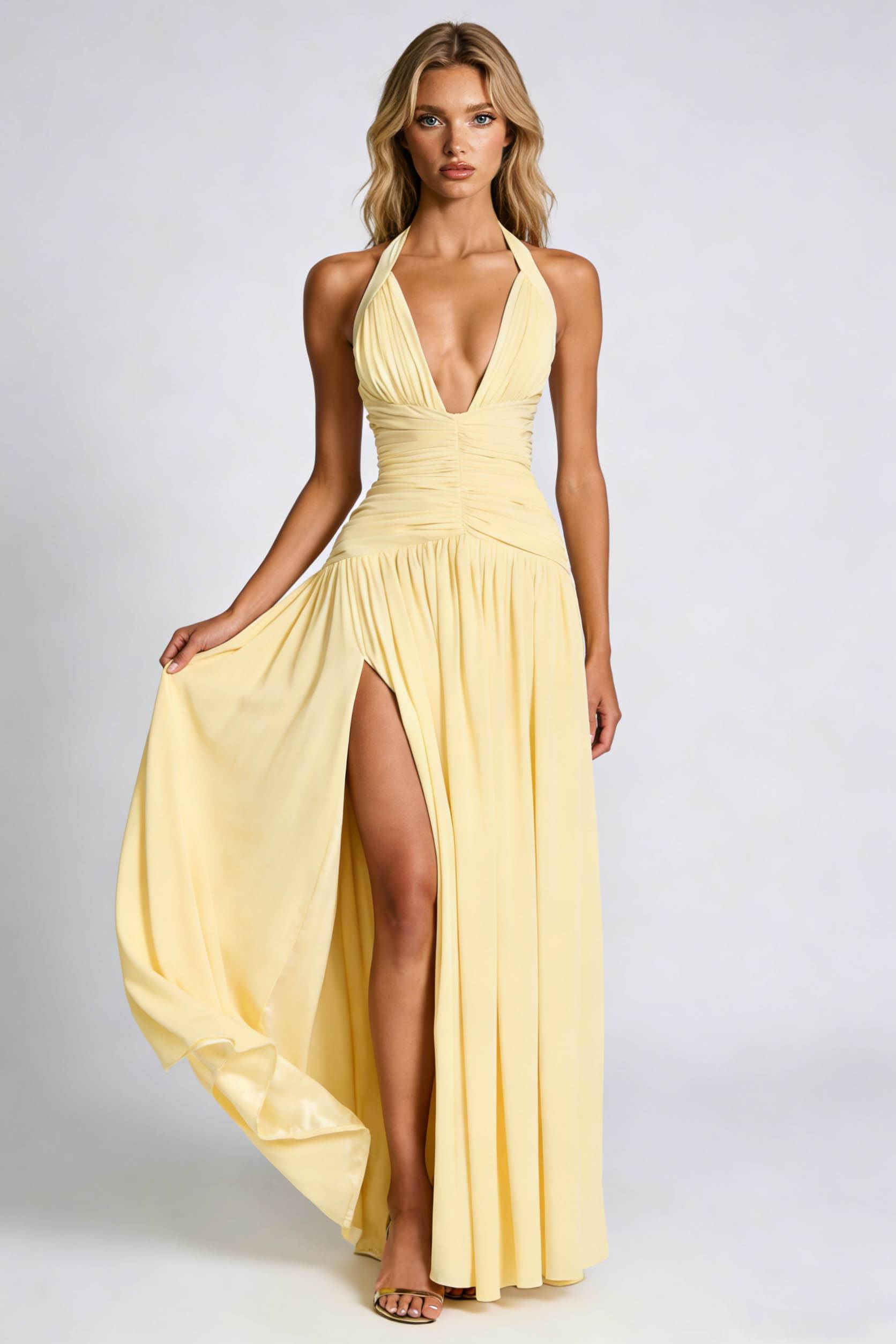 Halter Neck Pleated Slit Maxi Dress
