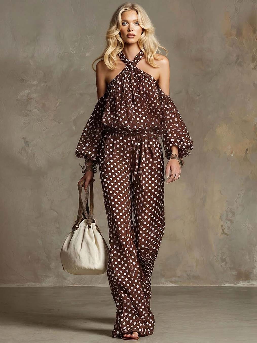Retro Bohemian Polka Dot Off-Shoulder Pants Two-Piece Set