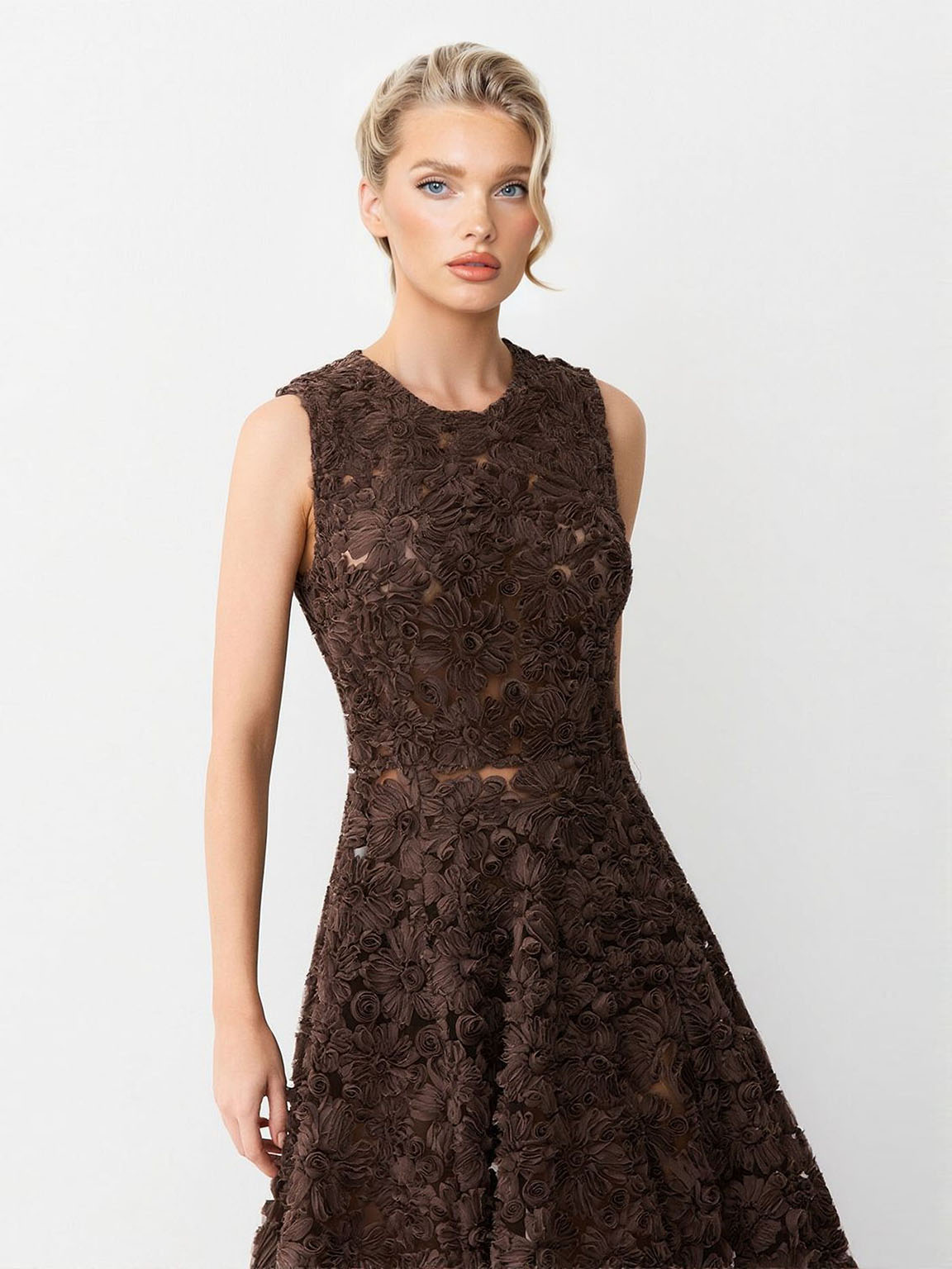 Elegant 3D Floral Lace Sleeveless Midi Dress