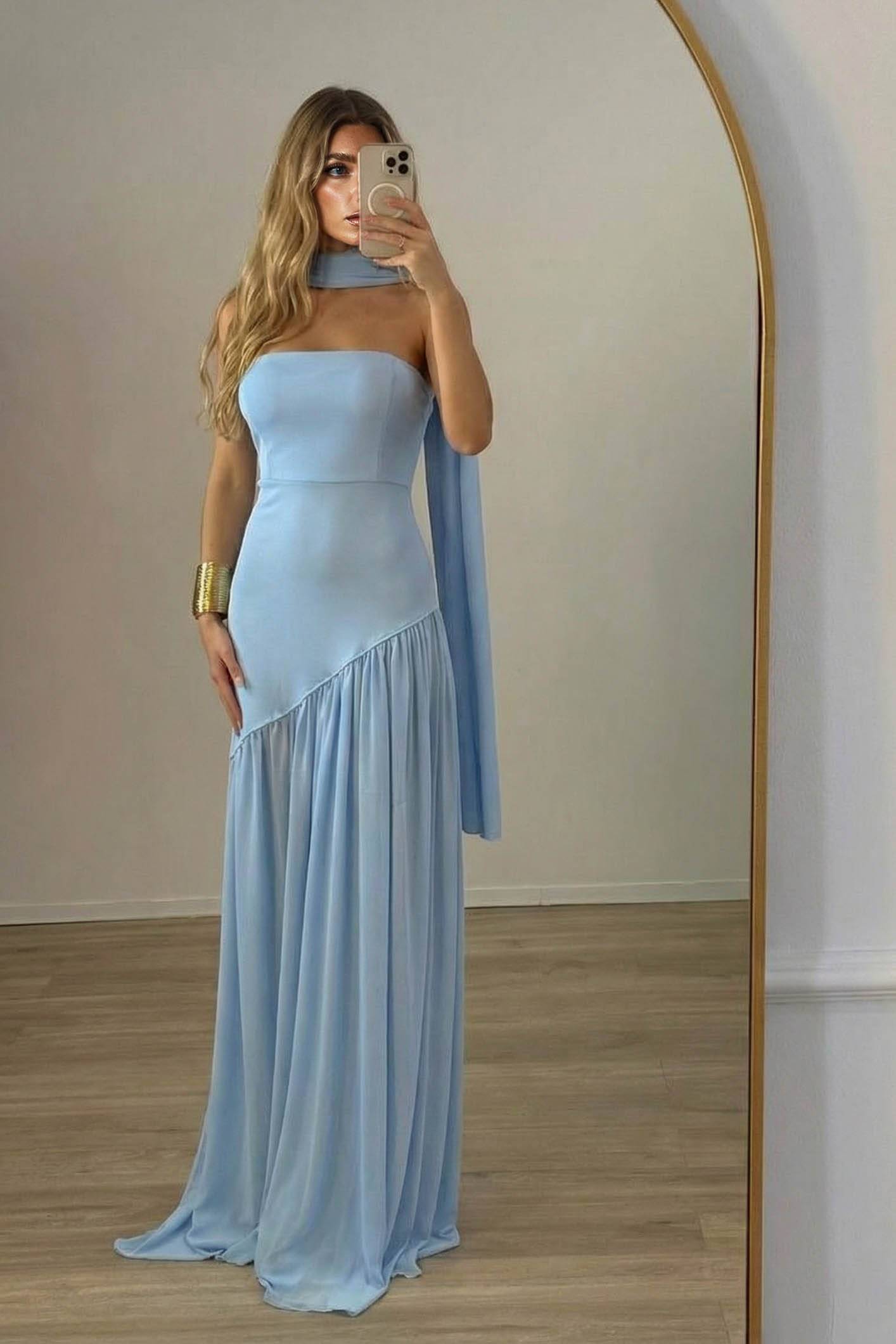 Strapless Slit Scarf Maxi Dress