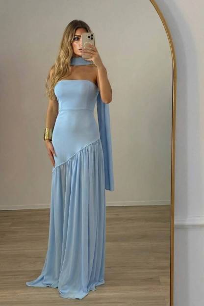 Strapless Slit Scarf Maxi Dress