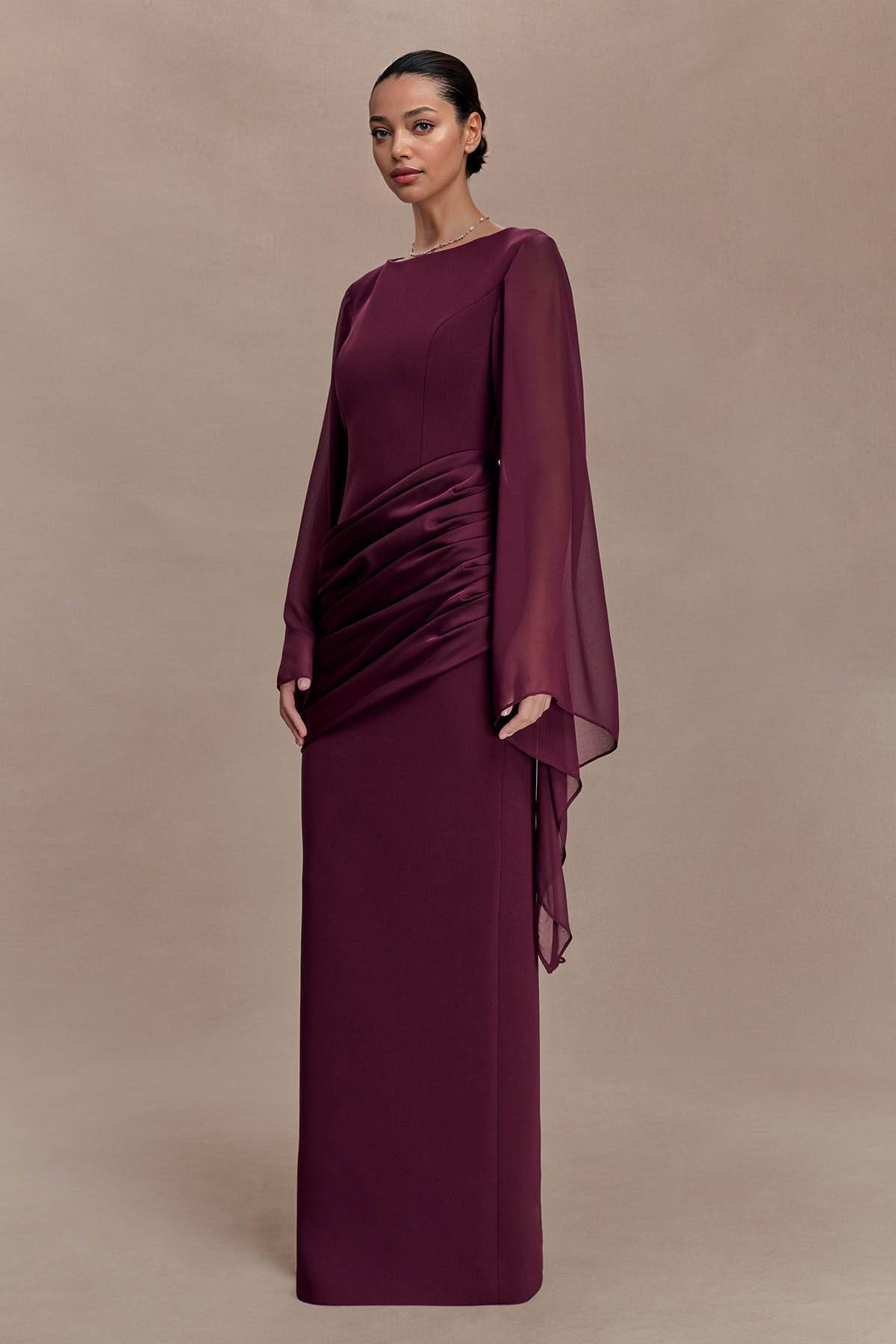 Pleated  Design Long Sleeve Maxi Dress