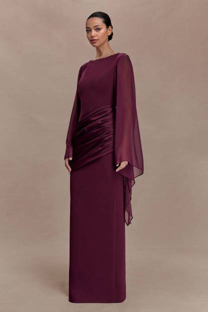 Pleated  Design Long Sleeve Maxi Dress