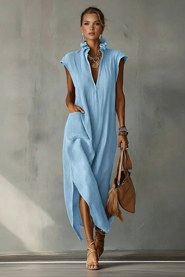 Lace Stand Collar Slit Dress