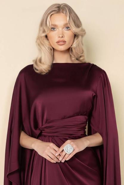 Boat Neck Pleated Satin Maxi Dress