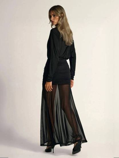 Fake two-piece hip-wrapped Tulle Splicing Maxi Dress