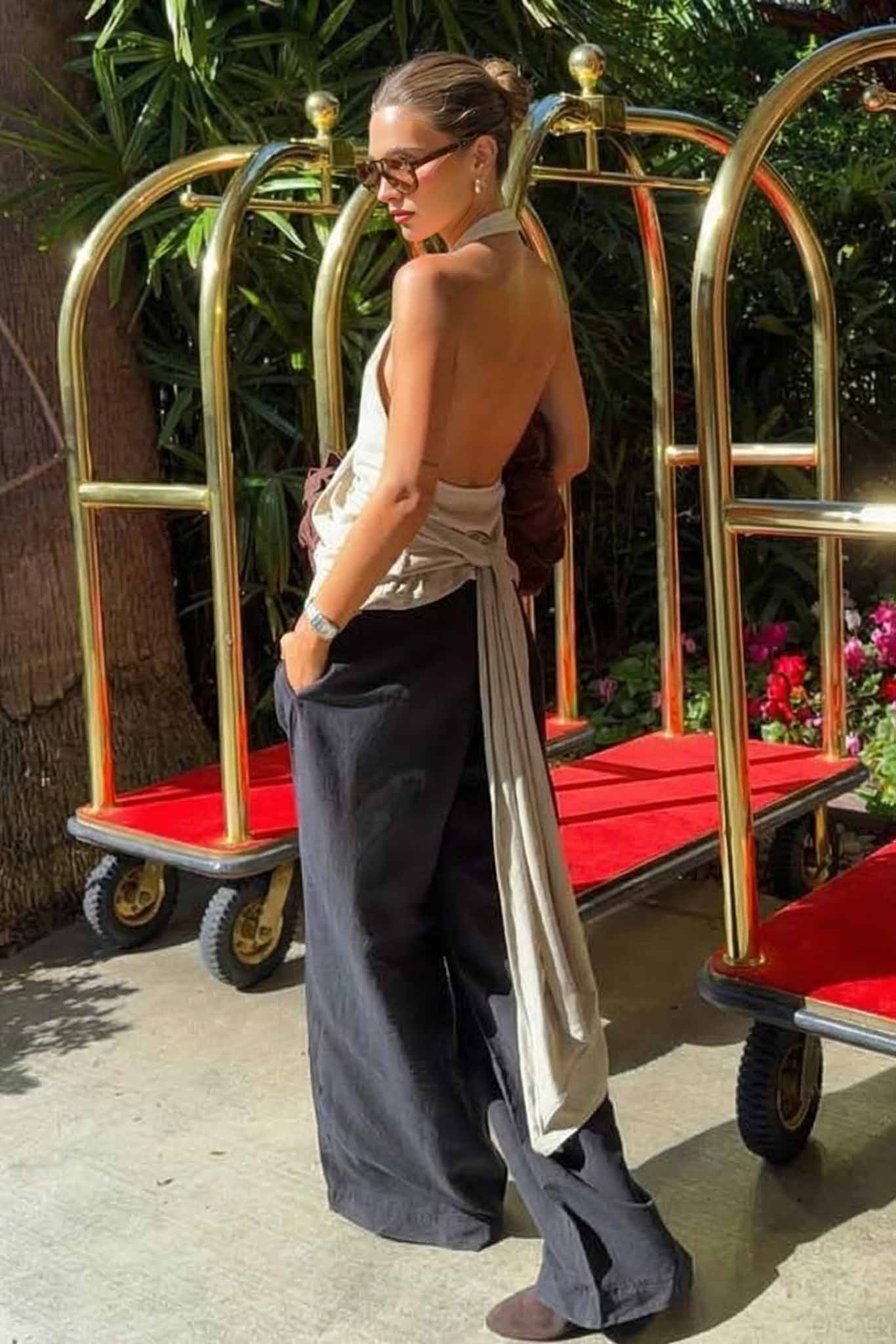 Minimalist Halter-Neck Backless Top And Pants Set