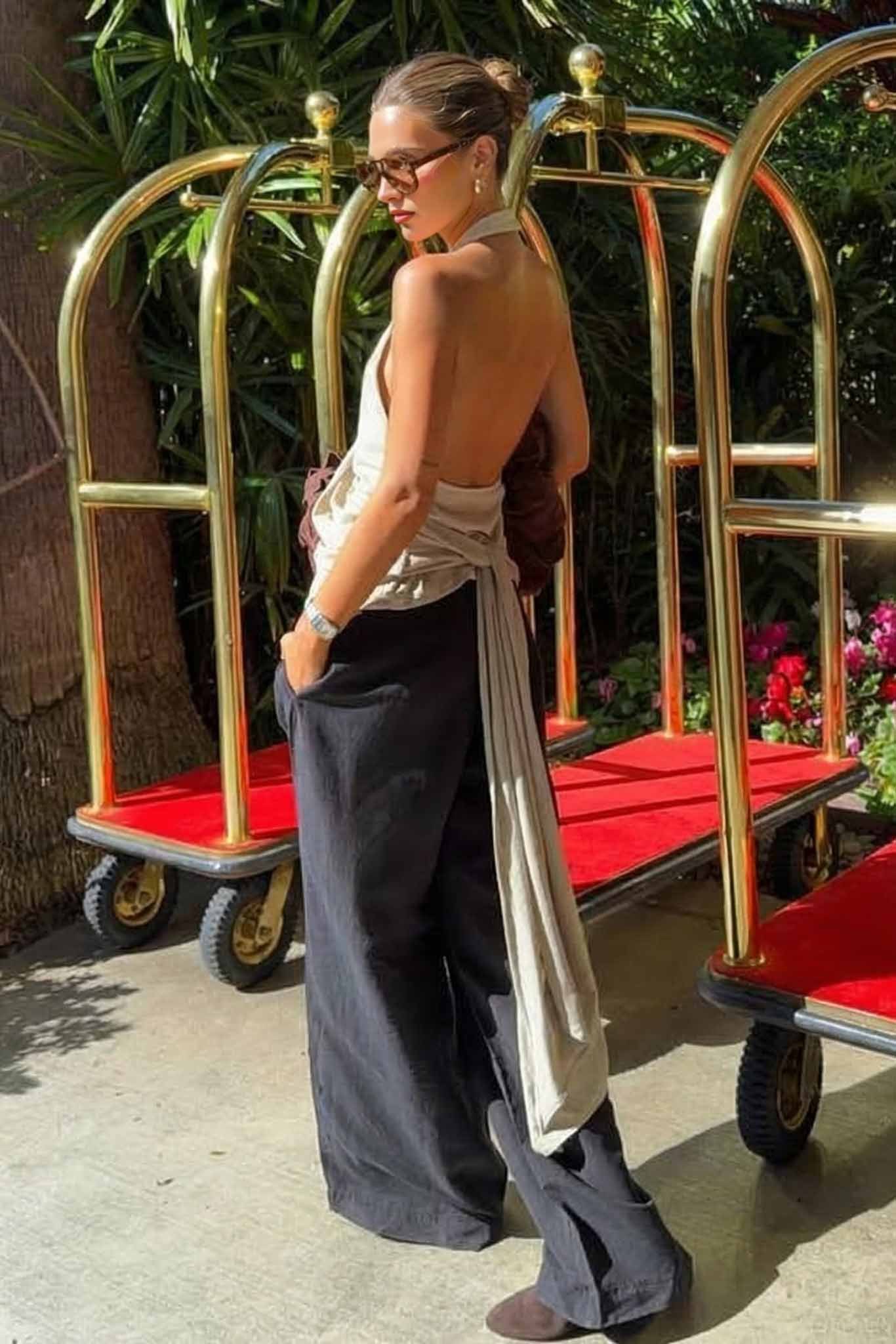 Minimalist Halter-Neck Backless Top And Pants Set