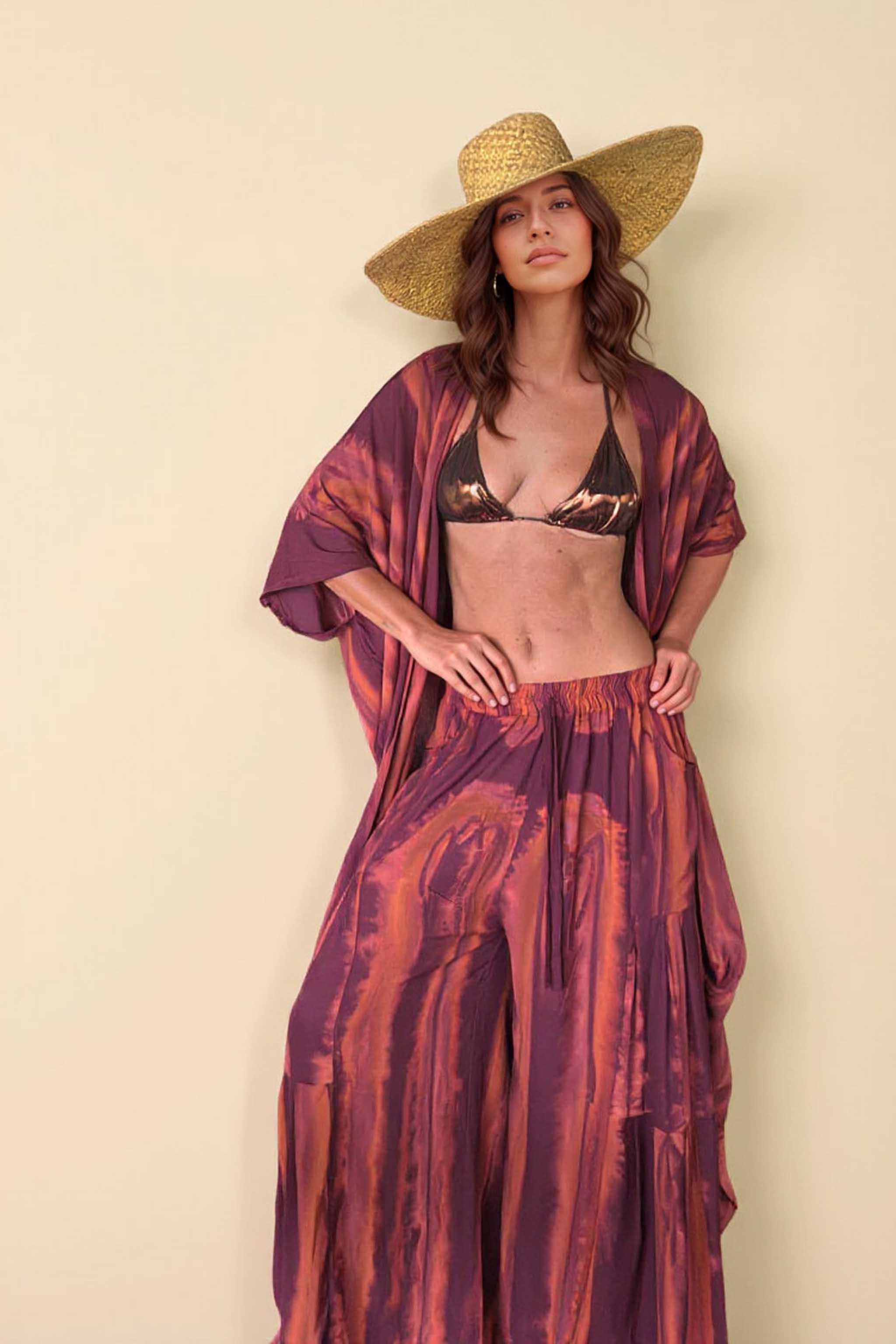 Printed Cardigan And Wide Leg Pants Set