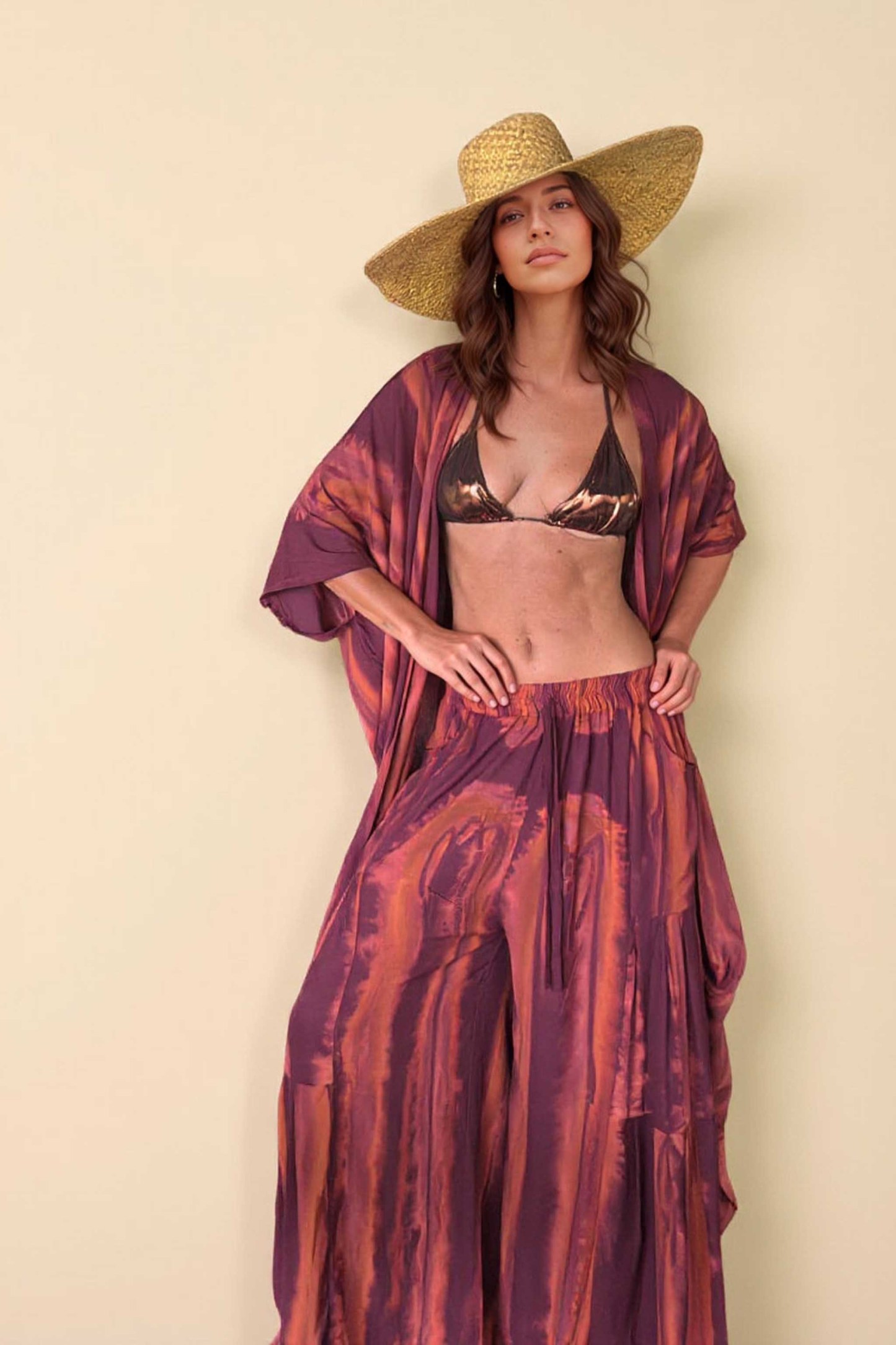 Printed Cardigan And Wide Leg Pants Set