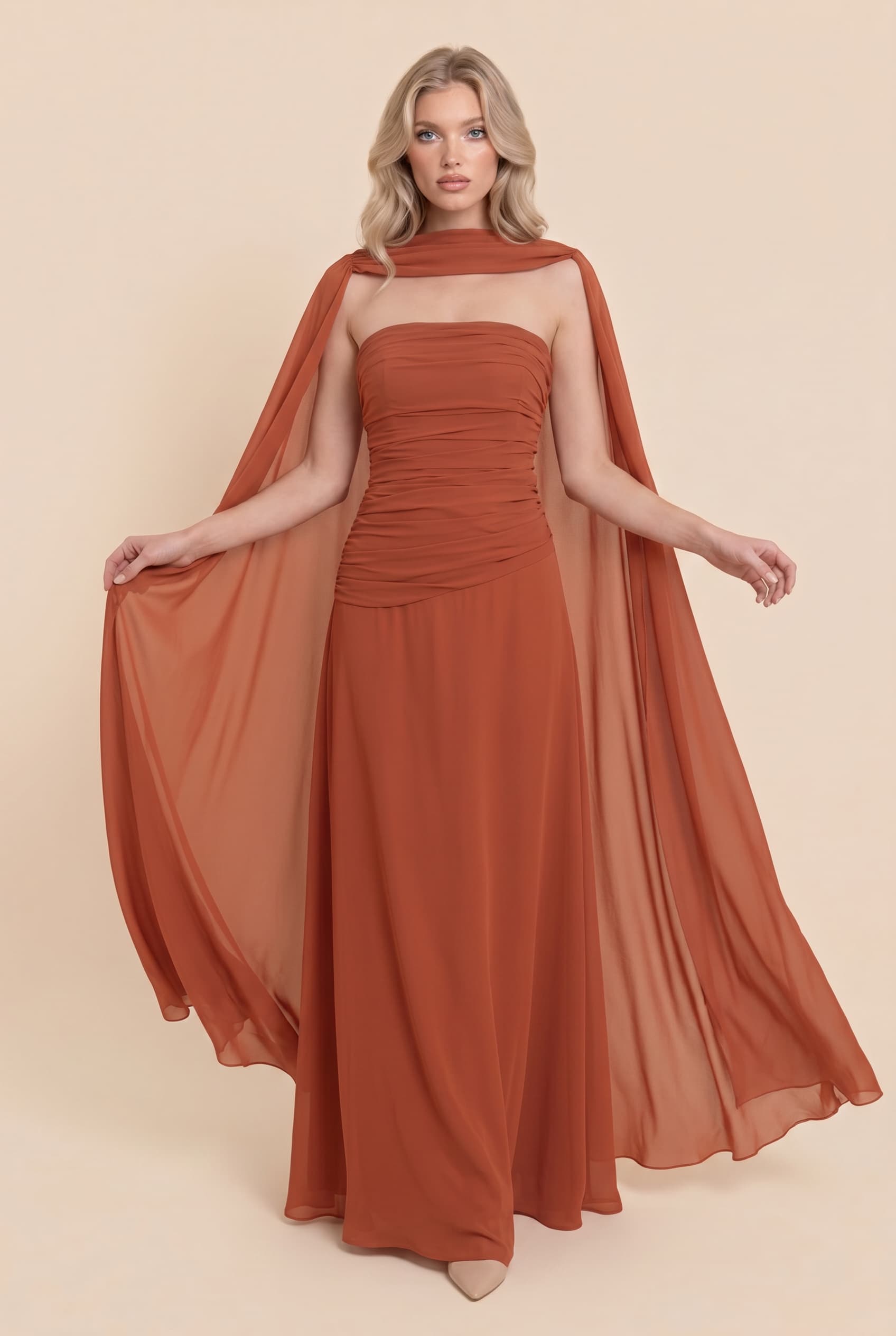 Pleated  Design Cape Maxi Dress