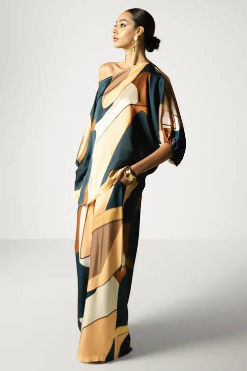 Geometric Print Shirt And Wide Leg Pants Set