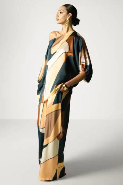 Geometric Print Shirt And Wide Leg Pants Set