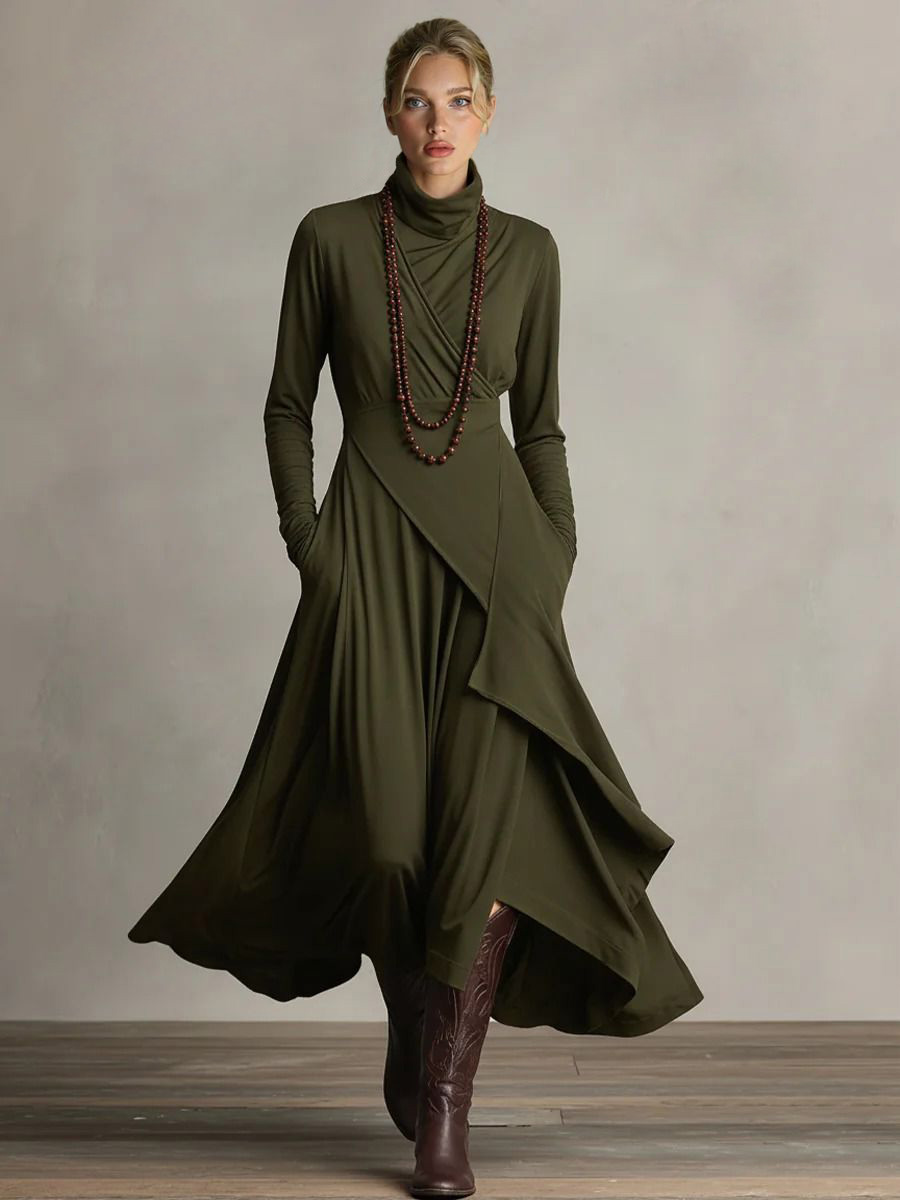 Elegant High-Neck Draped Asymmetrical Maxi Dress