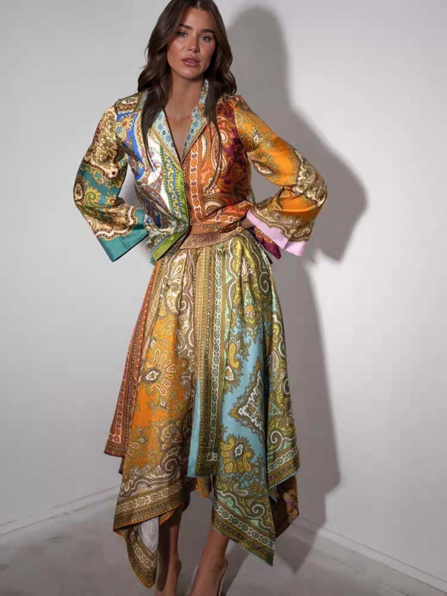 Retro Paisley Print Satin Irregular Skirt