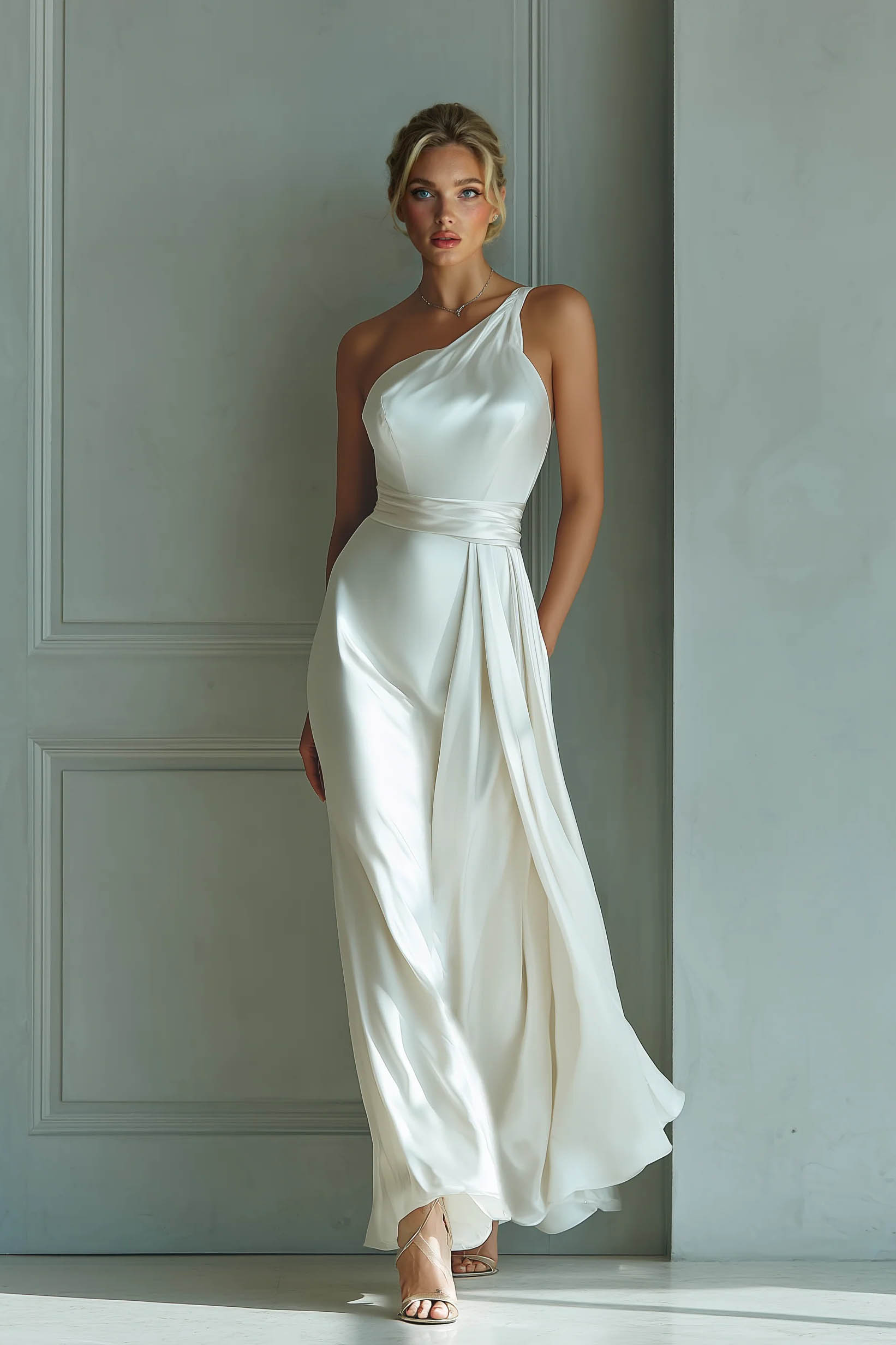 Slanted Collar High-Waist A- Line Maxi Dress