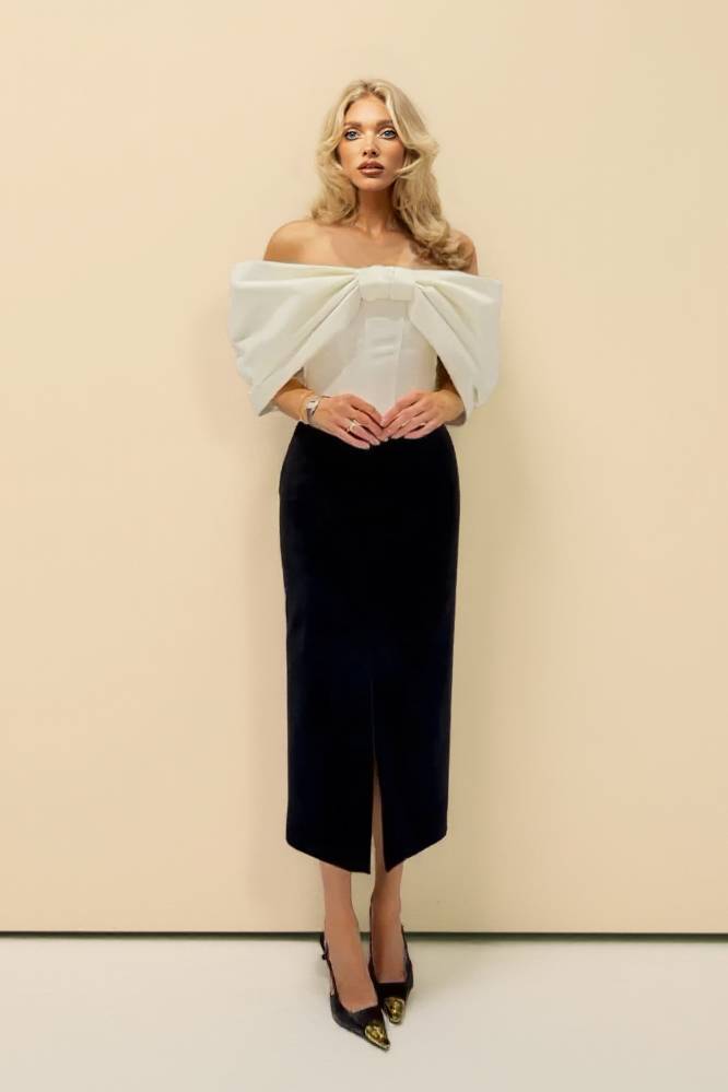 Bow Top And Velvet Skirt Set