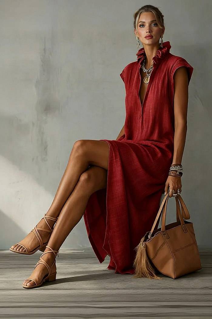 Lace Stand Collar Slit Dress