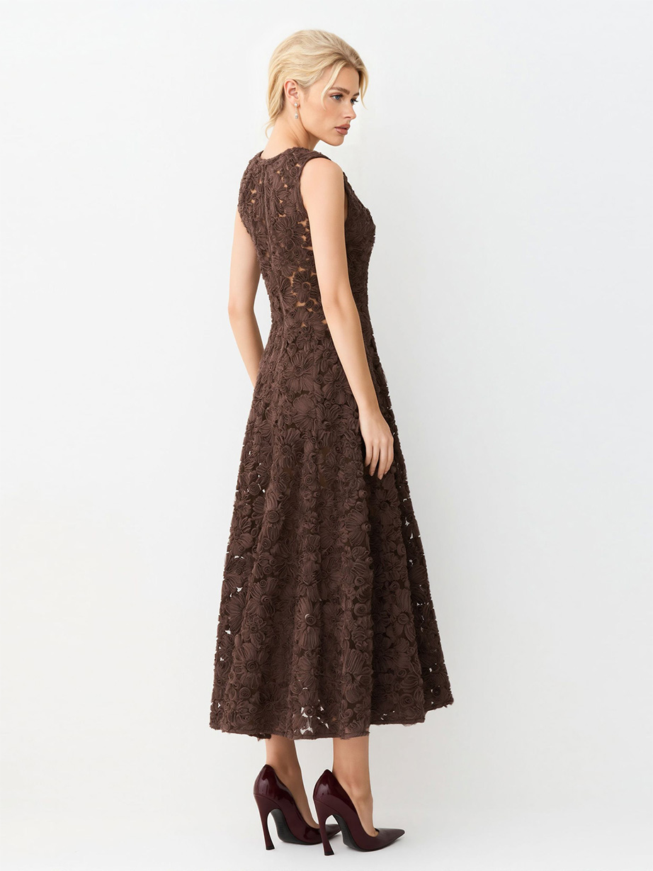 Elegant 3D Floral Lace Sleeveless Midi Dress