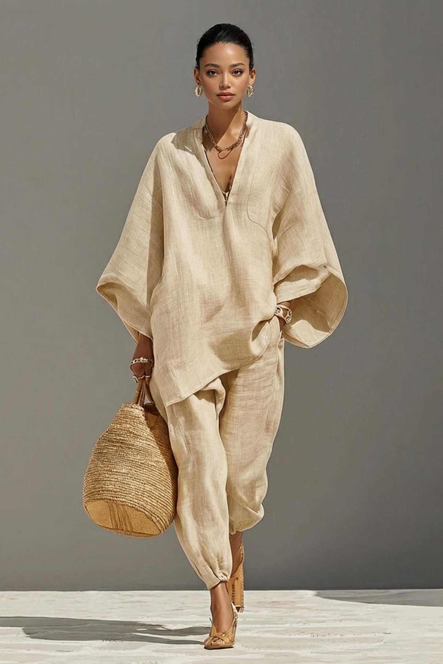 Vertical Collar Loose Shirt And Pants Set