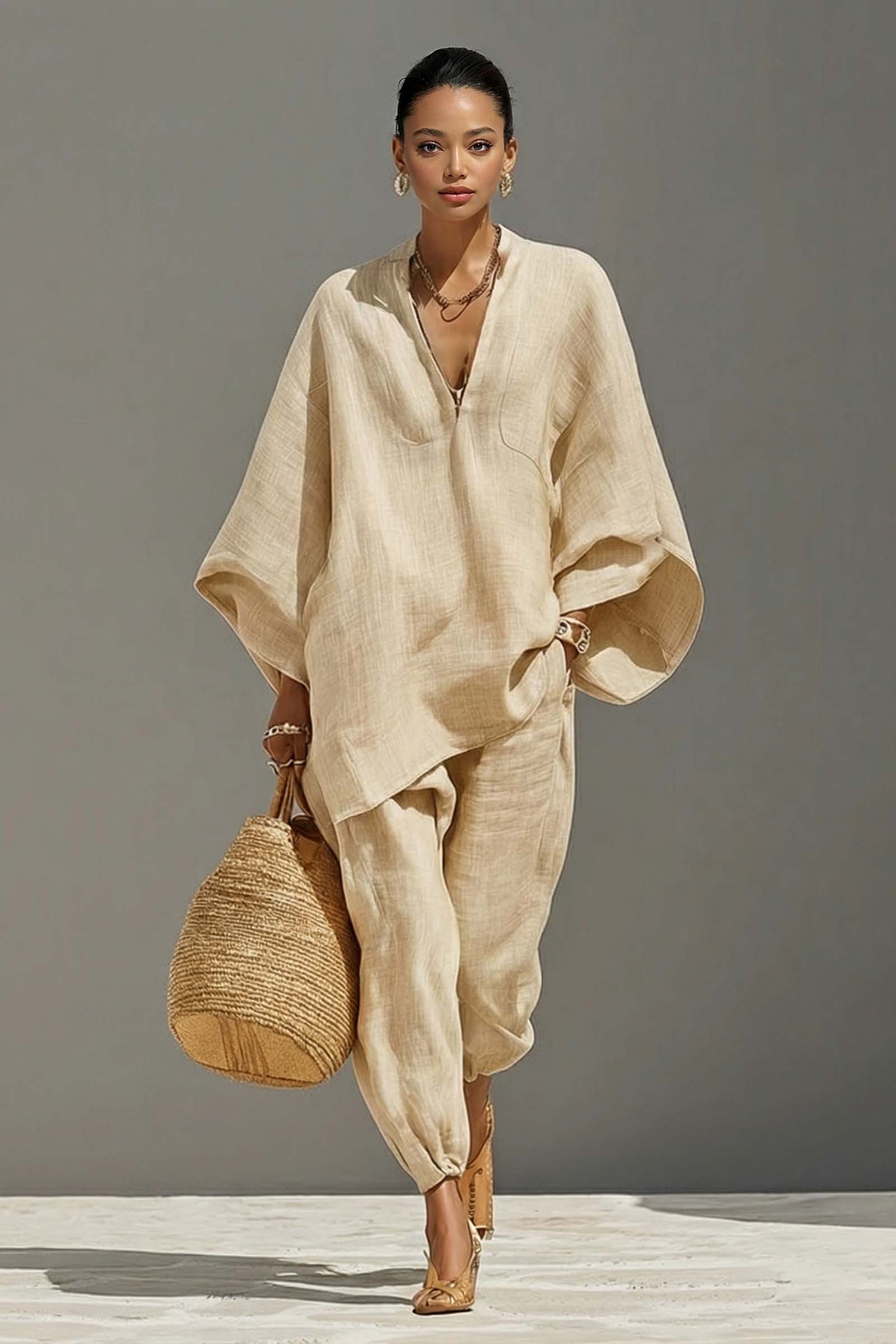 Vertical Collar Loose Shirt And Pants Set