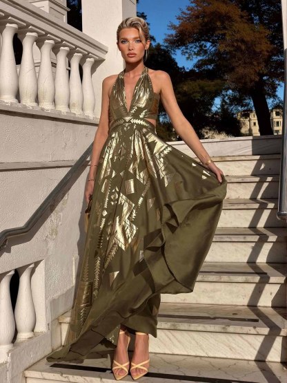 Elegant Gold Foil Print Cutout Waist Maxi Dress
